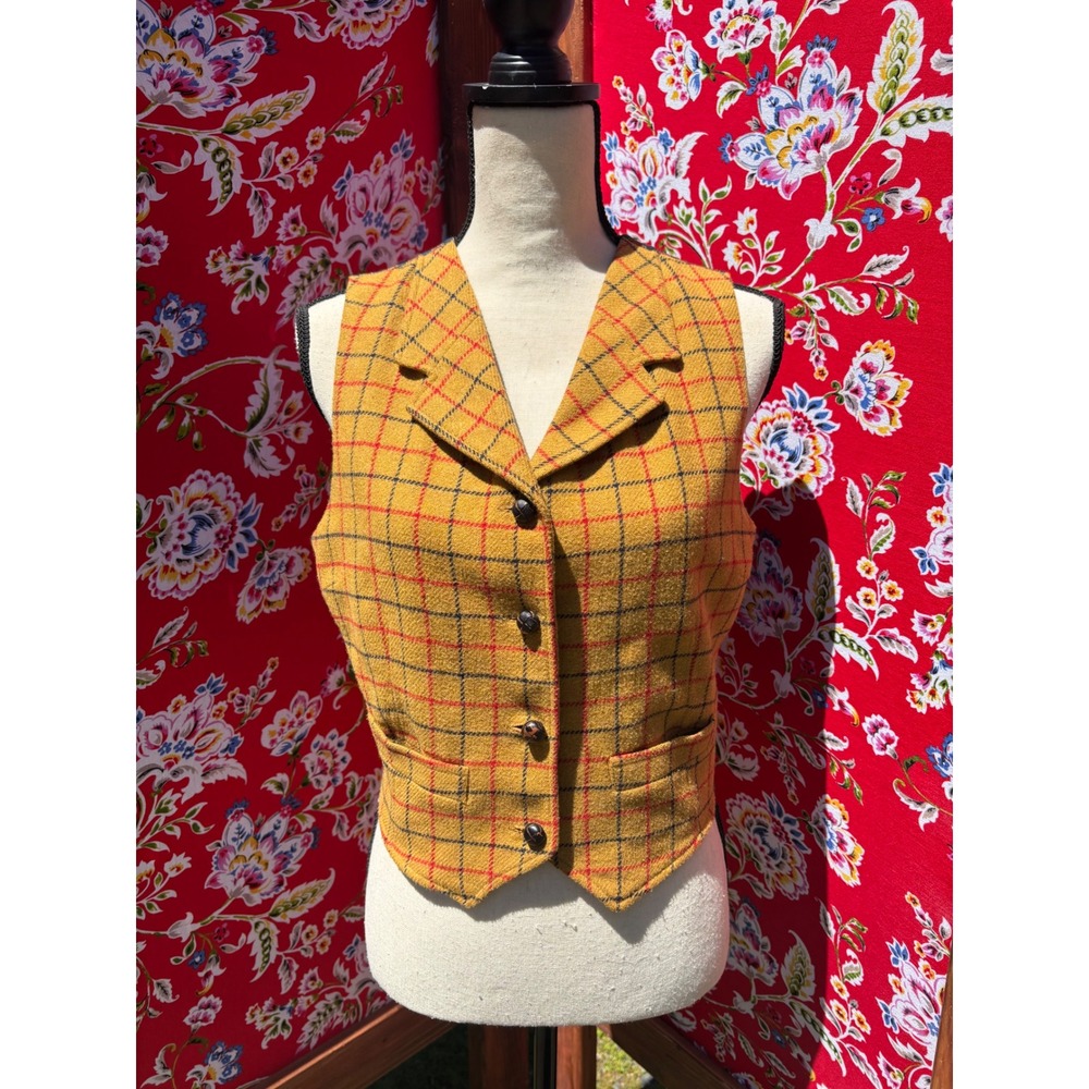 Vintage Gap Mustard Yellow Plaid Wool Blend Retro Equestrian Vest Women's Size M - Picture 16 of 16